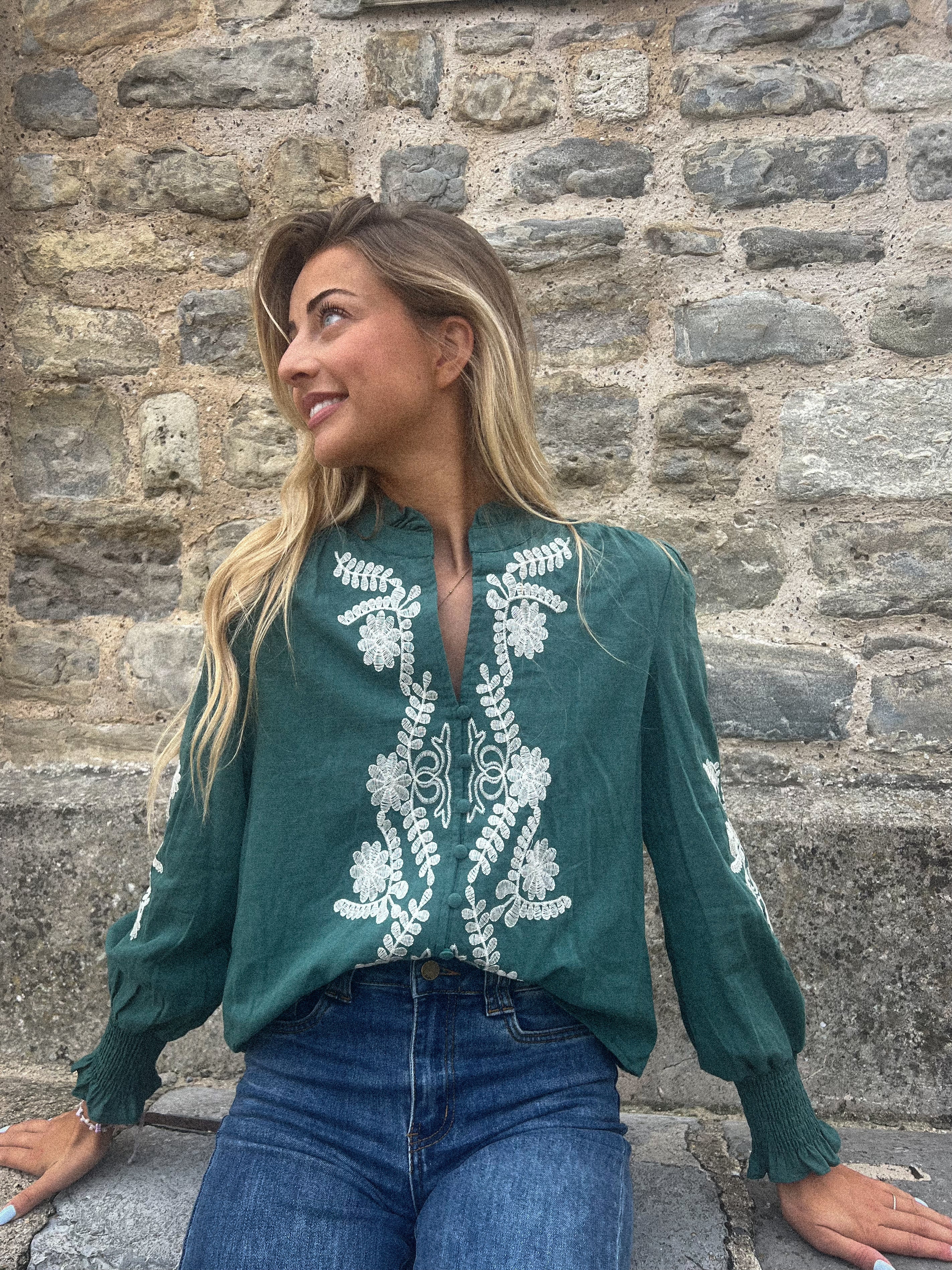 Marielle verte - Blouse brodée