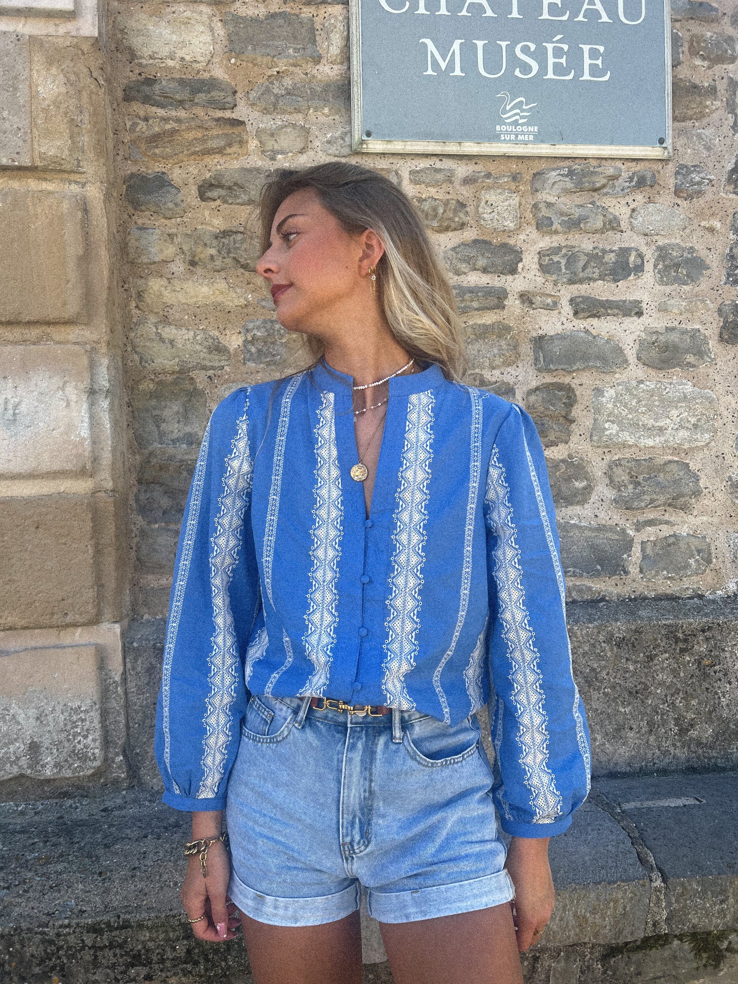 Elza bleue - Blouse brodée