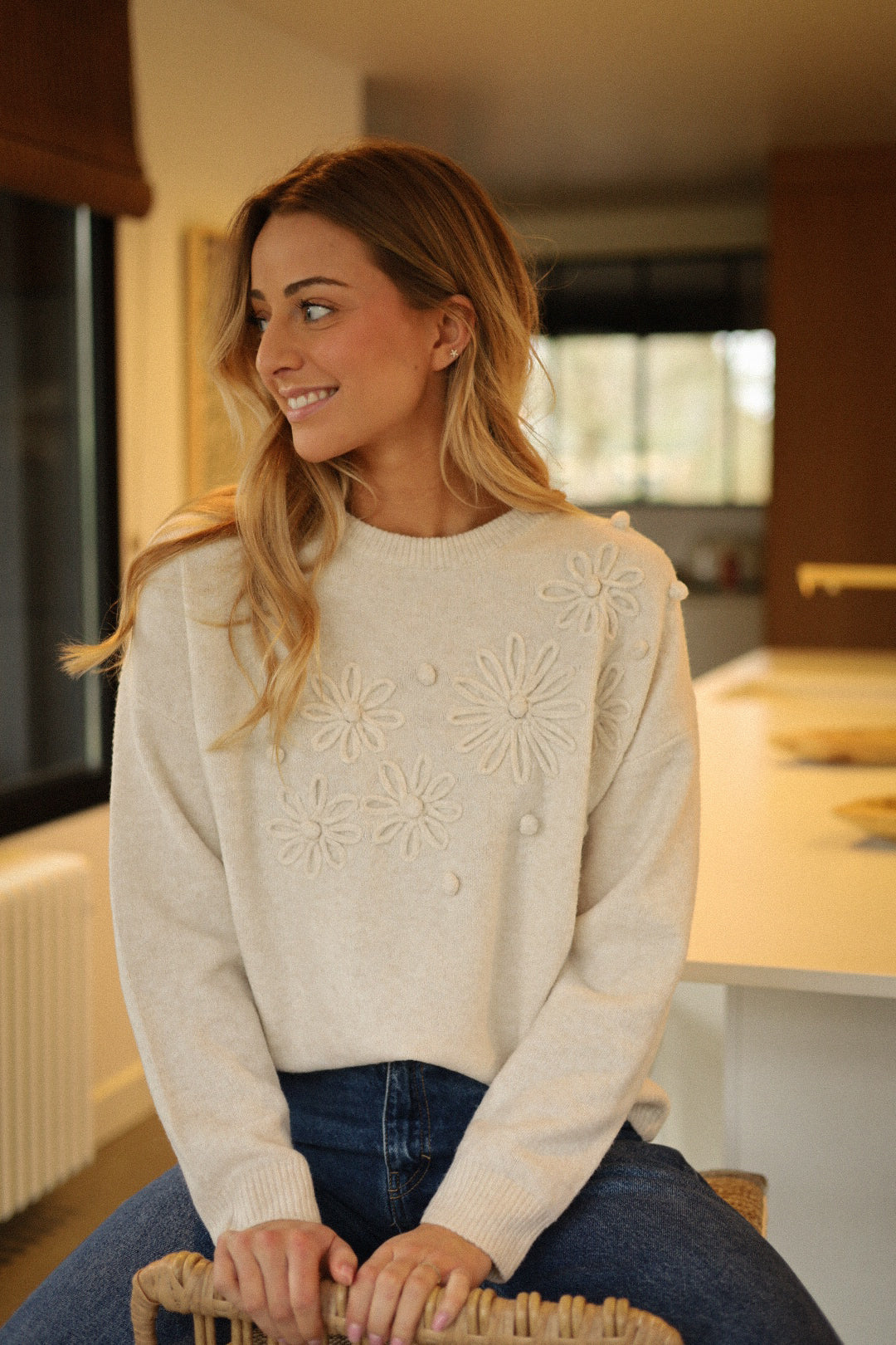 Oxane beige - Pull brodé