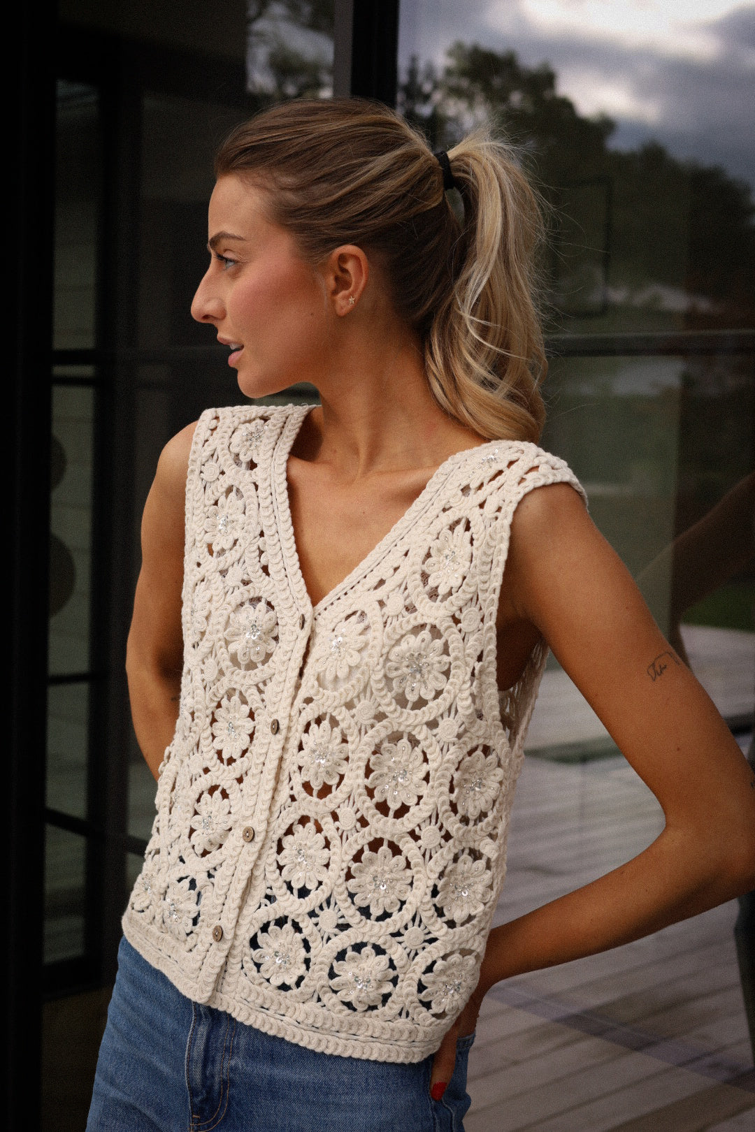 Yanns beige - Top crochet perlé